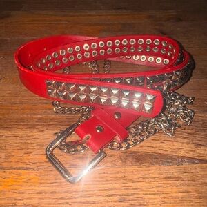 Red Chain-Trim Leather Waist Belt